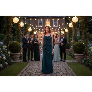 Vintage Handmade Green Silk Halter Evening Gown With Romantic Rosette Detailing,